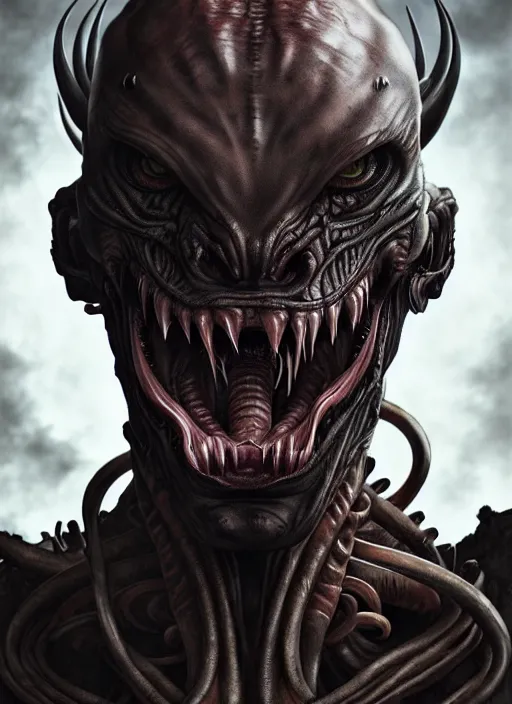 Image similar to ultra realistic, male human predator alien hybrid, fangs, goth, tattoos, leather, fantasy, flesh, bone, body horror, intricate details, eerie, highly detailed, octane render, 8 k, art by artgerm and alphonse mucha and greg rutkowski