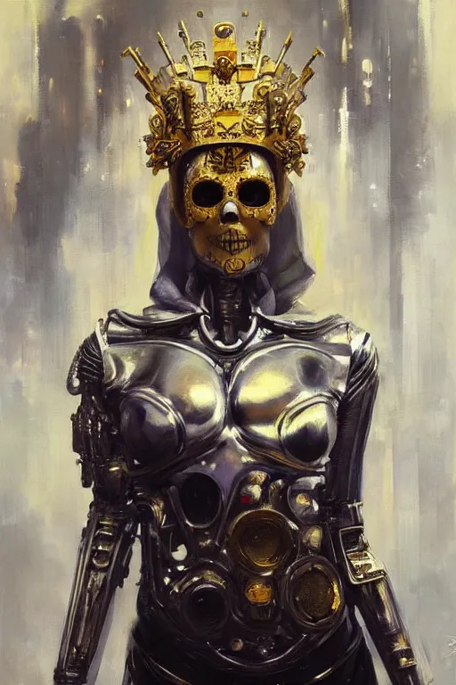 Prompt: beautiful expressive oil painting portrait of futuristic god queen, silver exoskeleton, with a gold sugar skull mask, cyberpunk, alien semiotic symbols, art by anders zorn, wonderful masterpiece by greg rutkowski, beautiful cinematic light, american romanticism by greg manchess, jessica rossier