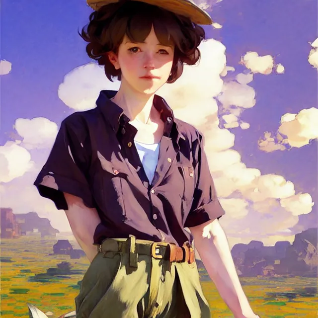 Image similar to a female character inspired by an african wild dog, flannel shirt and shorts, short hair, basic background, krenz cushart, mucha, ghibli, by joaquin sorolla rhads leyendecker, by ohara koson