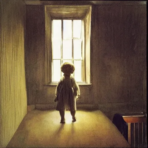 Prompt: upstairs bedroom, light streaming in from window illuminating antique doll, Andrew Wyeth