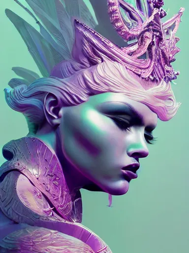 Prompt: portrait of beautiful female angel queen face wearing shiny pink crown, subtle purple accents, hyper details, black metal rococo, sculpted by Alex Alice, Craig Mullins, yoji shinkawa, trending on artstation, beautifully lit, Peter mohrbacher, hyper detailed, insane details, intricate, elite, elegant, luxury, ray of light through smoke, CGsociety, hypermaximalist, golden ratio, background urban cityscape, night, neofuture, volumetric, octane render, weta digital, micro details, 3d sculpture