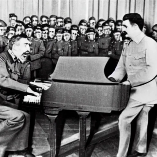 Image similar to a picture of Joseph Stalin playing the piano in front of a great audience