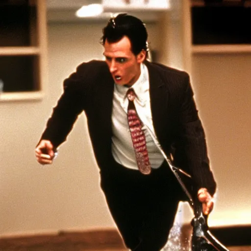 Prompt: patrick bateman running with a chainsaw, in american psycho ( 1 9 9 9 )