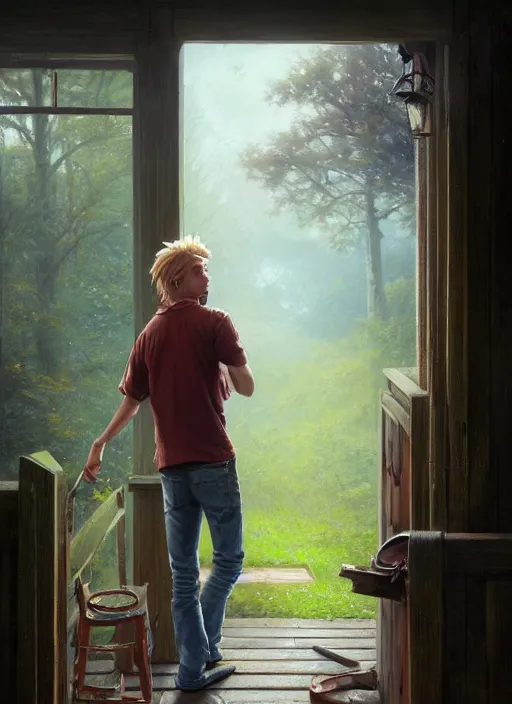 Image similar to highly detailed hyperrealistic painting of a short hillbilly with long blonde hair standing in front of his porch yelling at his friend, bonfire, stephen bliss, art by greg rutkowski, loish, rhads, ferdinand knab, makoto shinkai and lois van baarle, tom bagshaw, photo, portrait, global illumination, artstation