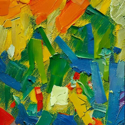 Image similar to oil paint impasto relief, the essence of summer, multi layered thick brush marks, some splattered paint, in the style of ivan shishkin and frank auerbach and van gogh