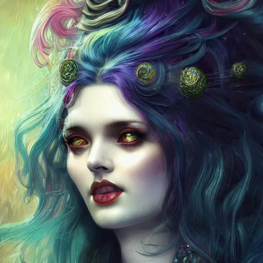 Image similar to demon goddess with rainbow windswept hair portrait surrounded by crystals, hyper - detailed, cgsociety, 8 k, high resolution, in the style of charlie bowater, tom bagshaw, norman rockwell, gerald brom, adam hugh