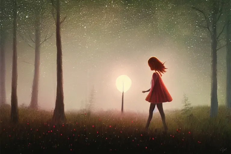 Image similar to giant daisy flower head, girl walking in a moonlit forest, hills, surreal photography, dark night, star trails, dramatic light, impressionist painting, clouds, digital painting, artstation, simon stalenhag