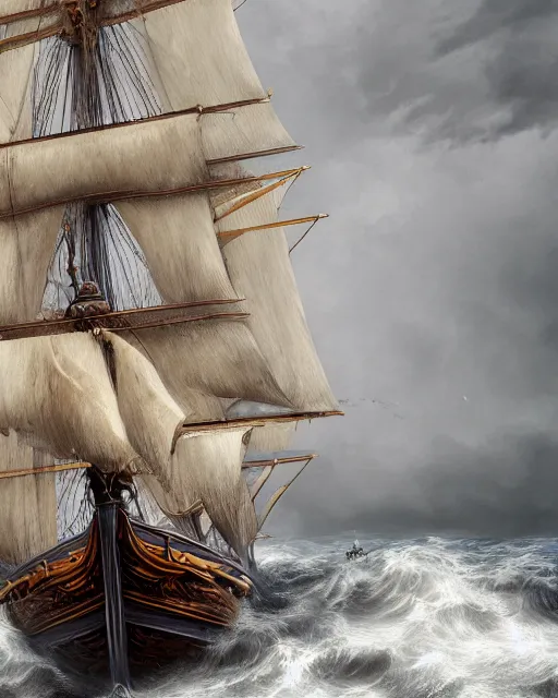 Prompt: a tall ship sailing vessel in stormy windy seas, in the style of louis phillipe crepin, hypermaximalistic, high details, cinematic, 8 k resolution, beautiful detailed, insanely detailed, trending in artstation, octane render, unreal engine