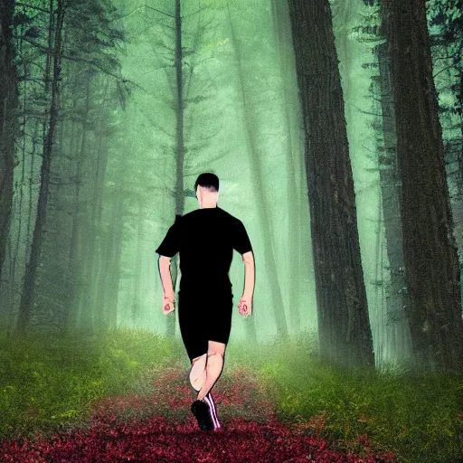 Image similar to athletic guy runs through a forest with tall trees, acid-green sneakers, a photo from the back, art by Kirkman Robert, perspective