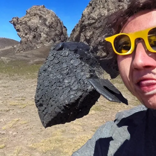 Image similar to T rex taking a selfie with asteroid in background