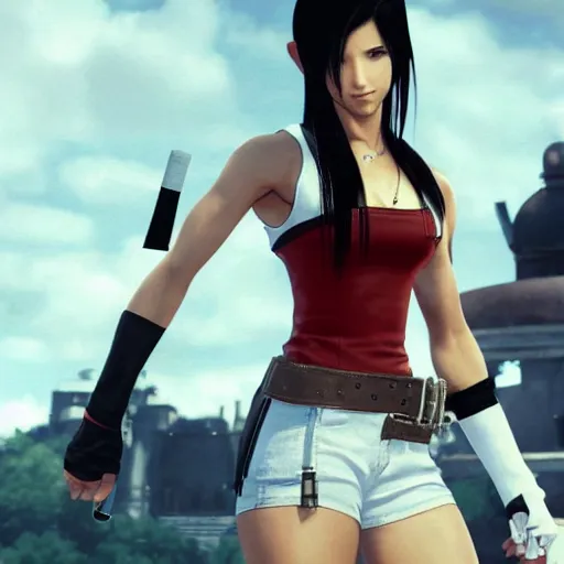 Image similar to Tifa Lockhart from Final Fantasy VII Remake looking at the Italian flag and chuckling to herself