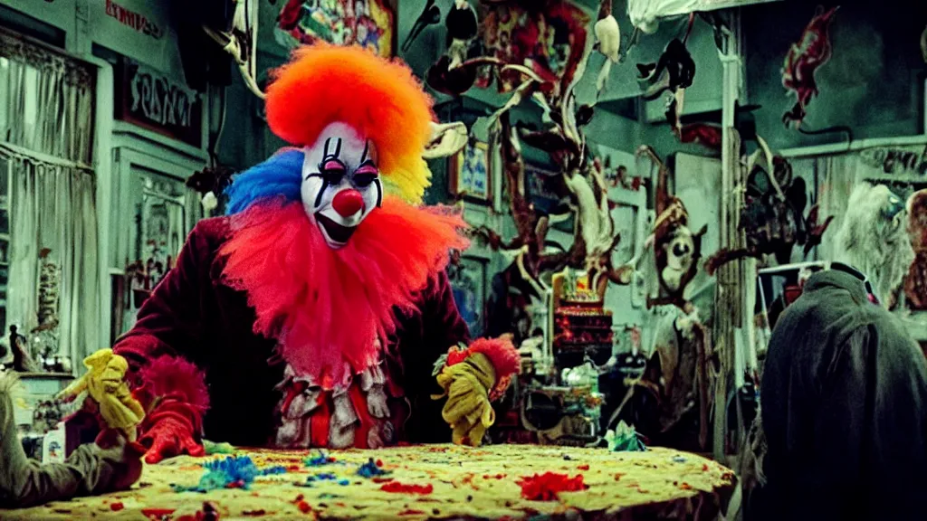 Image similar to the clown creature helps at the fair, film still from the movie directed by denis villeneuve and david cronenberg with art direction by salvador dali and dr. seuss