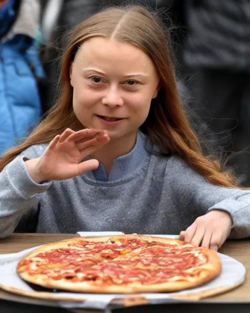 Image similar to film still close - up shot of greta thunberg giving a speech in a train station eating pizza, smiling, the sun is shining. newspapers falling from sky photographic, photography