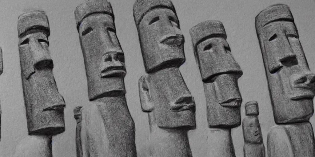 Image similar to charcoal drawing of easter island heads in the shape of lego people