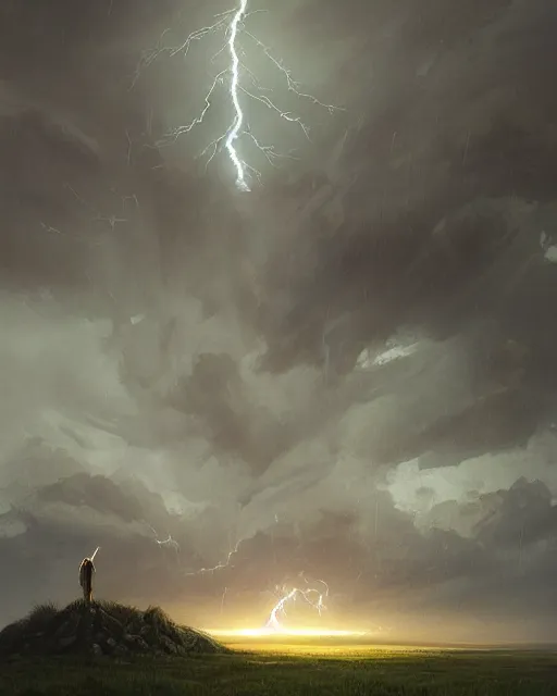 Image similar to a highly detailed epic cinematic concept art CG render digital painting artwork: Lone tree in lightning storm. By Greg Rutkowski, in the style of Francis Bacon and Syd Mead and Norman Rockwell and Beksinski, open ceiling, highly detailed, painted by Francis Bacon and Edward Hopper, painted by James Gilleard, surrealism, airbrush, Ilya Kuvshinov, WLOP, Stanley Artgerm, very coherent, triadic color scheme, art by Takato Yamamoto and James Jean