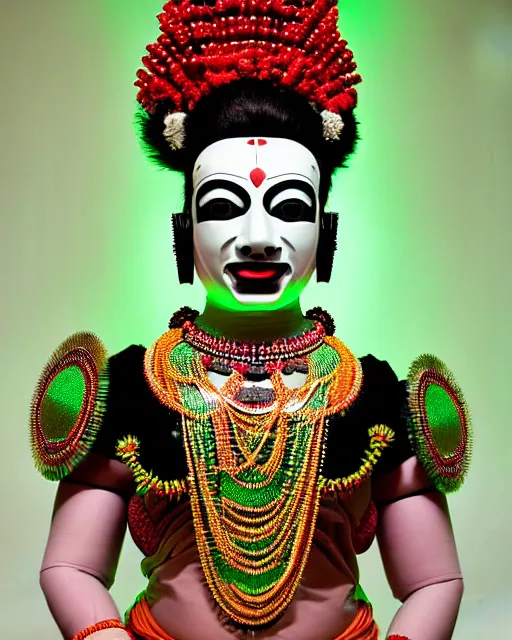 Image similar to symmetrical portrait of a kathakali dancer cyborg wearing a silicone swarovski studded red beauty mask and green hair buns, wearing a black bodysuit armour by alexander mcqueen, cream white background, soft diffused light, biotechnology, humanoid robot, bjork aesthetic, translucent, by rineke dijkstra, intricate details, highly detailed, masterpiece,