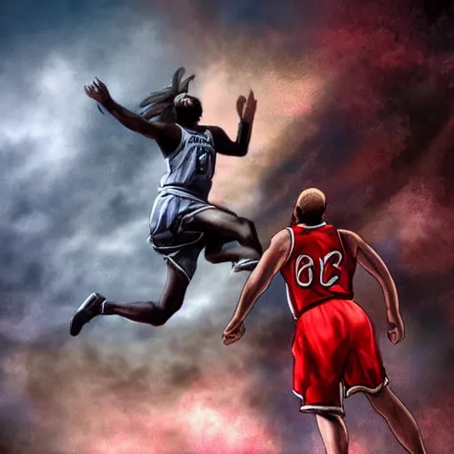 Image similar to Jesus Christ defeating the Devil in a basketball game artstation digital art epic