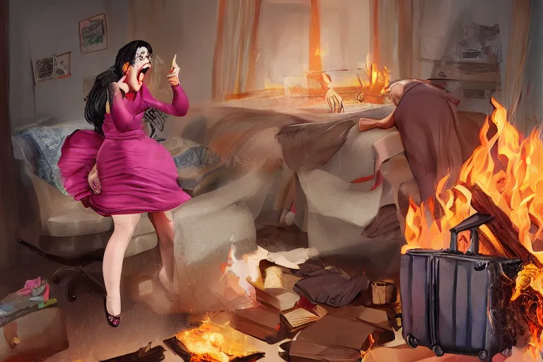 Image similar to a crazy opera singer hurries up to pack daughter's things in suitcase, surrounded with fire, clothes are flying around in room, digital art, trending on artstation, very very realistic