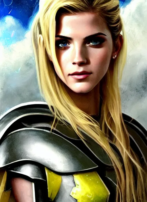 Prompt: portrait of a combination of Ashley Greene, Katheryn Winnick, Victoria Justice and Adriana Dxim, Grace Kelly, Emma Watson and Lily Collins with blonde hair wearing Varia Armor from Metroid Prime, countryside, calm, fantasy character portrait, dynamic pose, above view, sunny day, thunder clouds in the sky, artwork by Jeremy Lipkin and Giuseppe Dangelico Pino and Michael Garmash and Rob Rey and Greg Manchess and Huang Guangjian, very coherent asymmetrical artwork, sharp edges, perfect face, simple form, 100mm