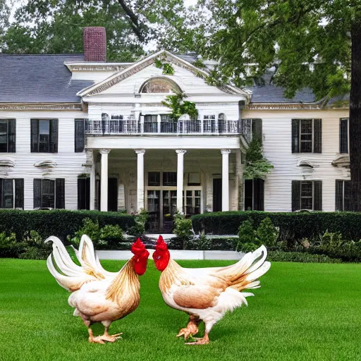 Prompt: the chickens are eating dinner at the govenors mansion and white houses buffet on a saturday night at the the round tables house in cold hearted lake icy toes