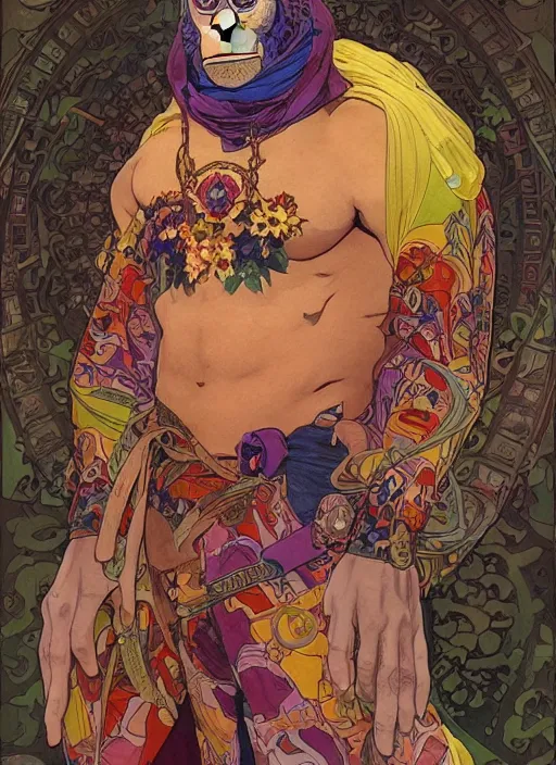 Prompt: portrait of a lazy apes wearing a costume made out batik designs, colorfull bandana, behance hd artstation, by moebius, alphonse mucha, ayami kojima, amano, greg hildebrandt, and mark brooks, masculine, male, art nouveau, neo - gothic, gothic, character concept design, dynamic light, stylised illustration, disco elysium