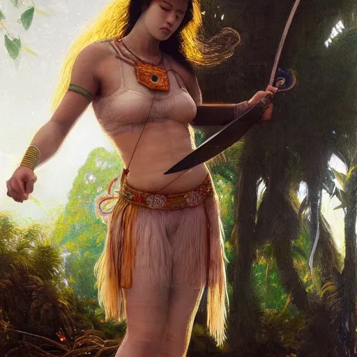 Prompt: a ultradetailed beautiful painting of a latina brazilian girl holding a sword in the amazonas by hsiao ron cheng, ngai victo, nivanh chanthara jean delville wlop and dougherty patrick, trending on artstation, scifi, futurism, postcapitalism, octane rendering, sharp focus, soft light