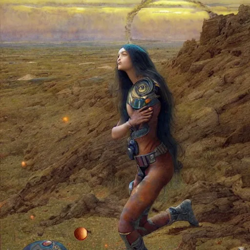 Image similar to epic wide angle view beautiful woman watching from the Earth as a rogue planet nears for a collision which will destroy the world, by Edgar Maxence and Ross Tran and Michael Whelan