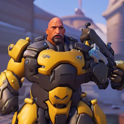 Image similar to screenshot from overwatch dwayne the rock johnson as a overwatch character