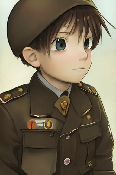 Image similar to beautiful little boy in nazi male uniform. made in abyss art style, sharps focus, cute detailed artwork, anatomically correct, ilya kuvshinov, reflection, perfect composition, wallpaper mobile, digital art, detailed anime soft face, symmetrical face, western comic, illustration, realistic, smooth, lois van baarle, soft details, illumination