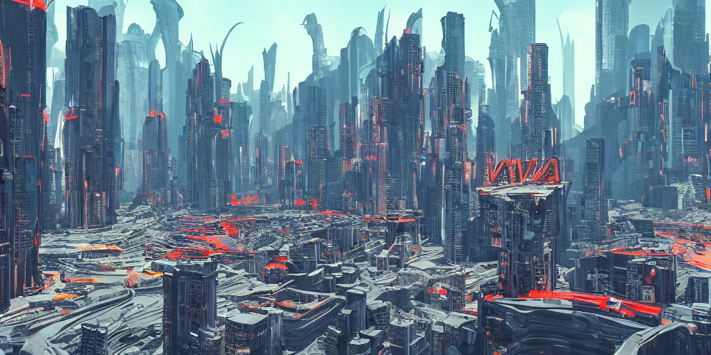 Prompt: very pointy cyberpunk city next to lava river