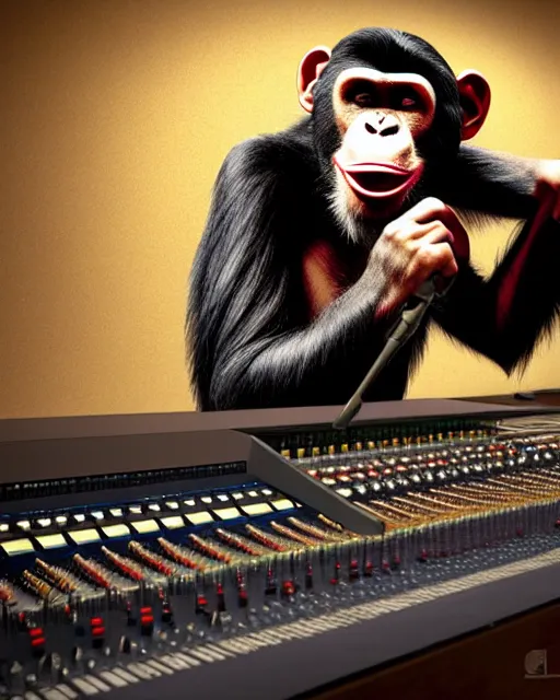 Image similar to looking over the sound board into the soundbooth a portrait of an anthropomorphic rockstar chimp singing into a microphone by sandra chevrier, by jon foster, detailed render, tape deck, epic composition, cybernetics, 4 k realistic, cryengine, realistic shaded lighting, sharp focus, masterpiece, by enki bilal