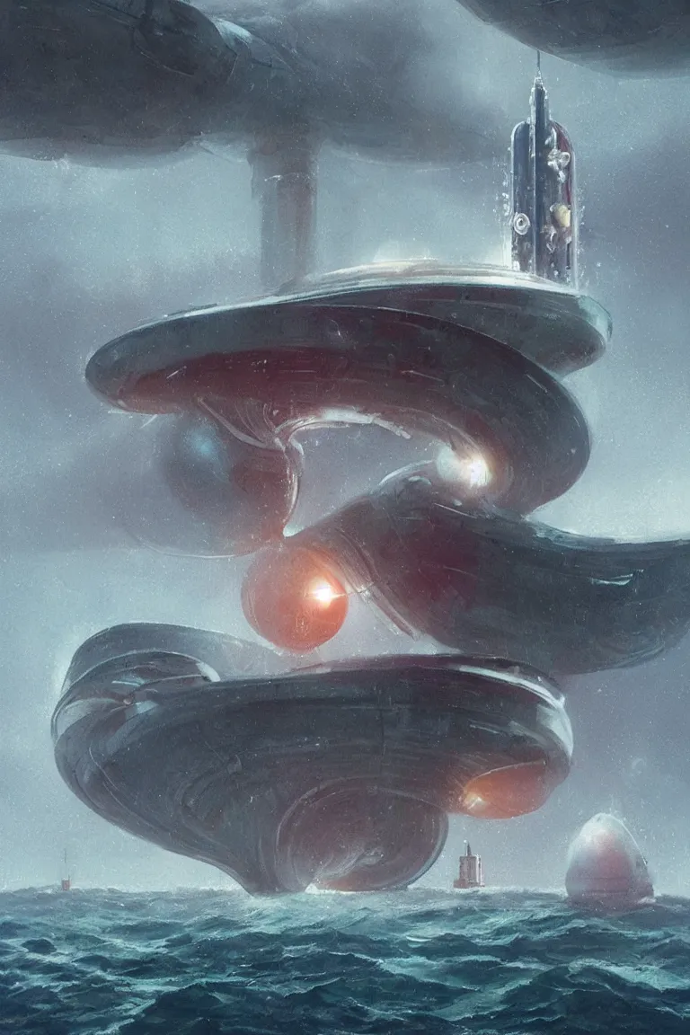 Prompt: mechanical spaceship nautilus dripping wet emerging from a the ocean, launching to space, big booster rocket engines, sci - fi concept art, by john harris, by simon stalenhag, stunning, award winning