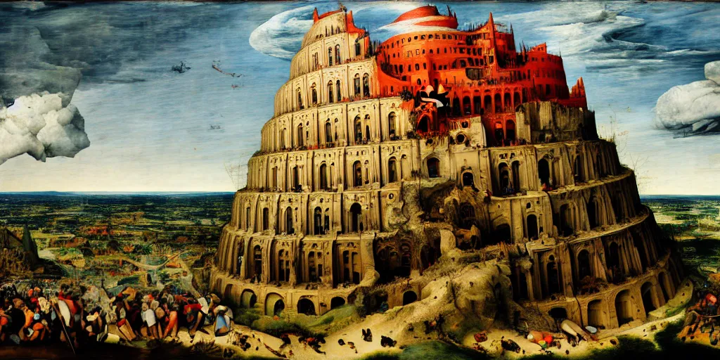 Image similar to The Tower of Babel by Bruegel, firestorm, thunderstorm, trending on artstation, artstationHD, photorealistic