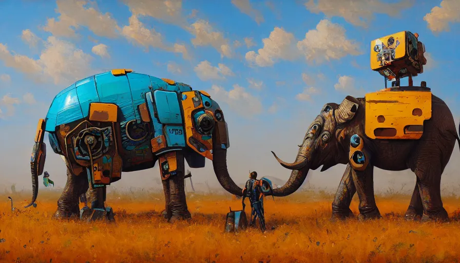 Prompt: an intricate oil painting of a giant south african armored elephant shaped scrap metal mecha by simon stalenhag, yellow, orange and cyan paint decals