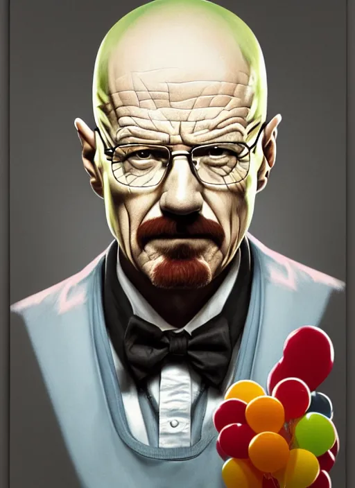 Prompt: portrait of walter white as a birthday clown, gritty!, highly detailed, caustics, artstation, concept art, smooth, sharp focus, war corespondent, by artgerm and greg rutkowski and alphonse mucha, 8 k