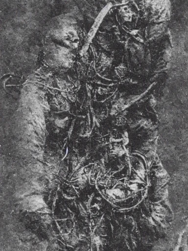 Prompt: 1900 photo of soldier infected with cosmic horror, Lovecraftian