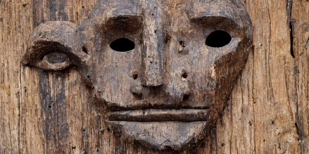 Prompt: ancient scary creepy wood mask found in canary islands. high quality 8 k resolution