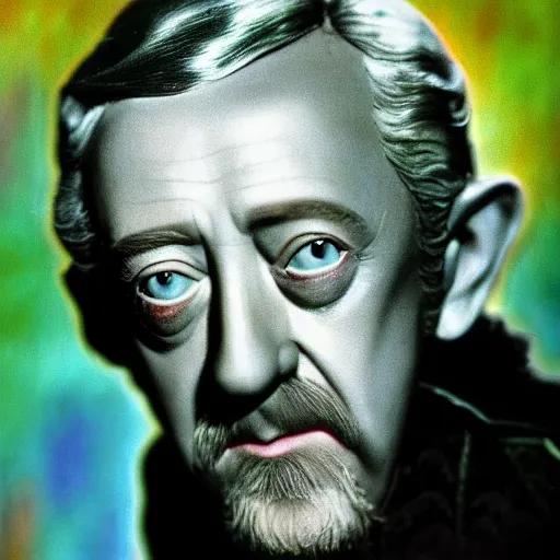 Image similar to a beautiful detailed 3 d matte photograph of alec guinness as dorothy in the wizard of oz, ominous, magical realism, texture, intricate, radiant colors, fantasy, volumetric lighting, high details