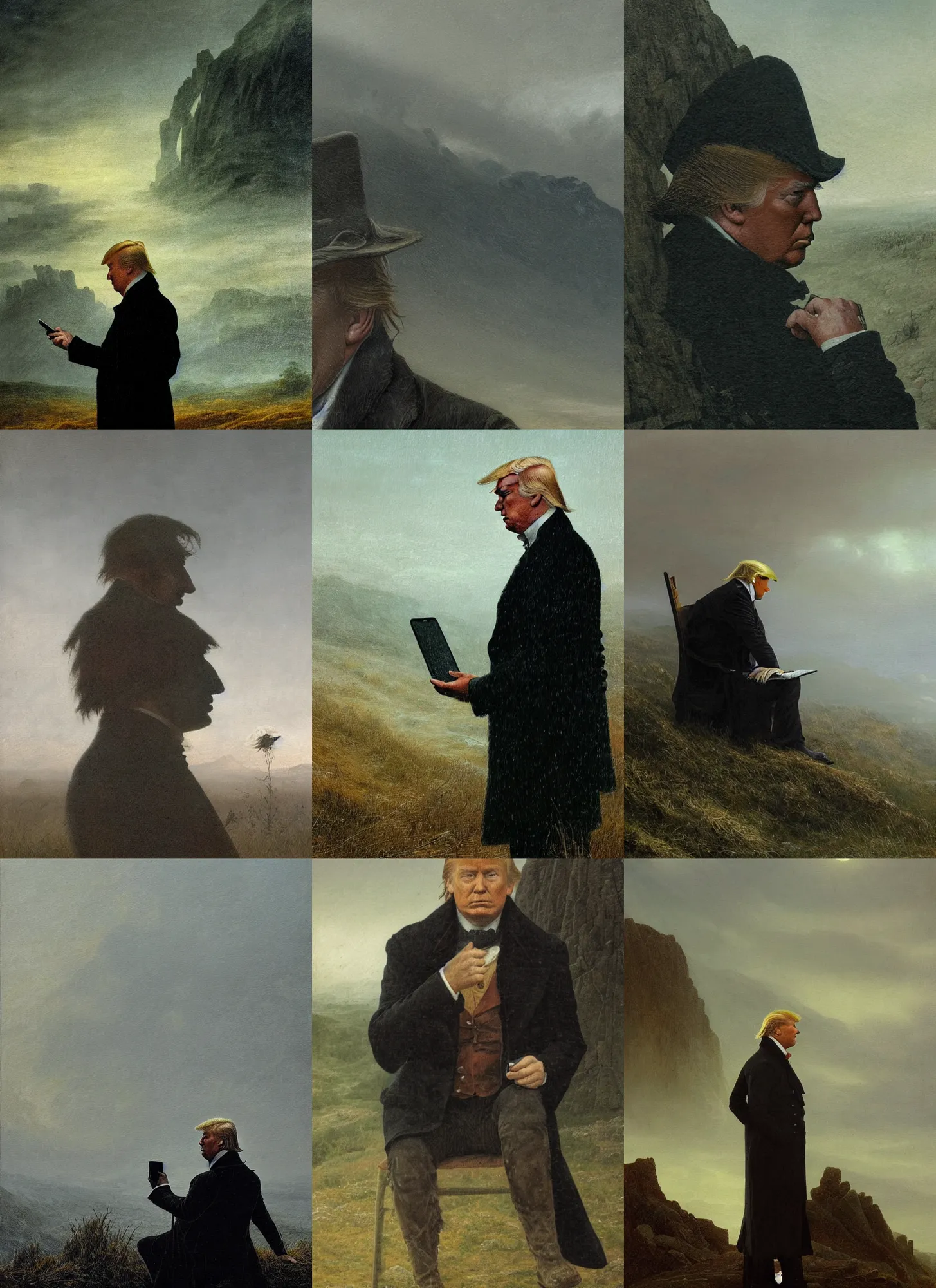 Prompt: portrait of donald trump in a desolate misty landscape checking his twitter account, closeup, painted by caspar david friedrich and greg rutkowski