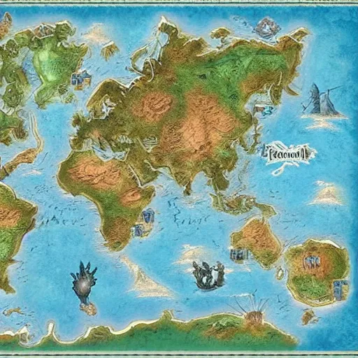 Image similar to fantasy map of another world, highly detailed, many continents, oceans.