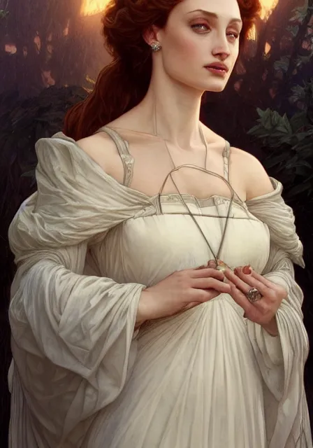 Image similar to sansa angeline jolie gessica chastain in beautiful dress, intricate, elegant, highly detailed, digital painting, artstation, concept art, smooth, sharp focus, illustration, art by artgerm and greg rutkowski and alphonse mucha and william - adolphe bouguereau