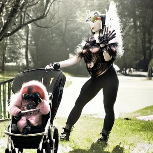 Prompt: A woman who is a blend of Bjork and Christina Hendrix, with super-human muscles, pushing a stroller with a Gorilla baby