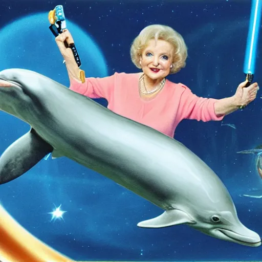 Prompt: betty white straddling a dolphin in space, wielding dual lightsabers