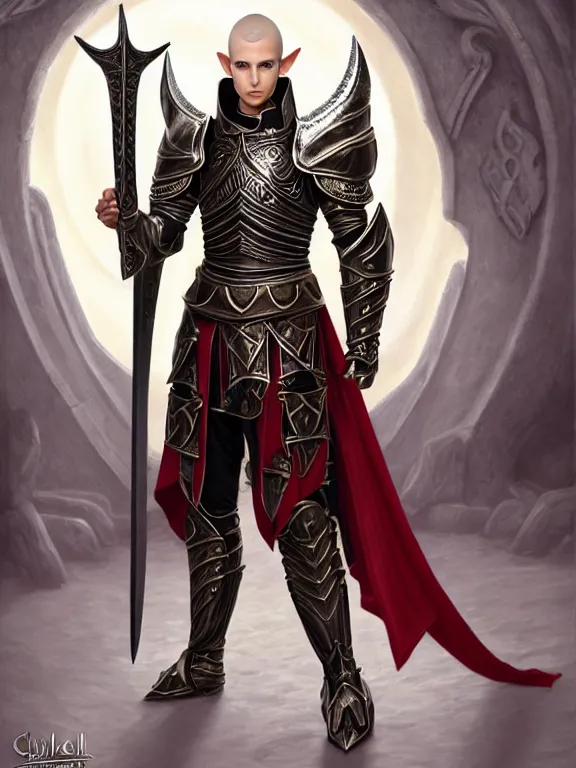 Prompt: full body portrait of a handsome male elf paladin in a temple, ornamental armor, pale skin, black hair, red eyes, holy themed, platinum, fighting stance, high fantasy, detailed face, highly detailed, sharp focus, smooth, sfumato, digital illustration, by clyde caldwell, greg rutkowski, hd, 8 k, octane