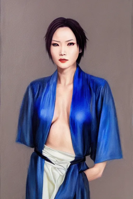 Prompt: hyperrealism close - portrait of ada wong, wearing silver silk robe, blue palette