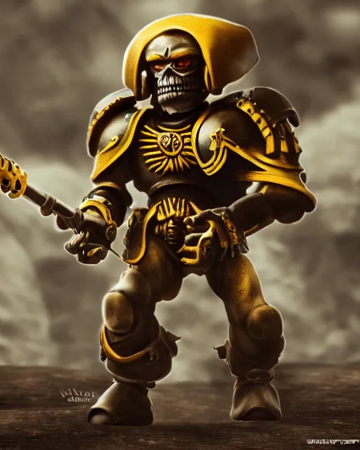 Image similar to suzanne the 3 d blender monkey blender 3 d wearing warhammer space marine armor dynamic pose menacing cinematic shot atmospheric greebled high detail 4 k