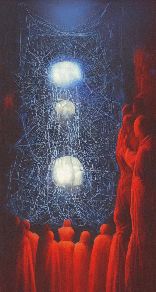 Prompt: worshippers in robes huddled around a very complex gigantic reflective glowing glass crystal tesseract orb illuminating a small room, very bright white light, high detailed beksinski painting, part by adrian ghenie and gerhard richter. masterpiece, deep colours, blue