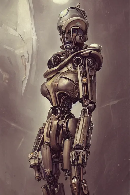 Image similar to fullbody or portrait, simple futurist cyborg empress, warhammer 4 0 k, perfect future, award winning art by santiago caruso, iridescent color palette, by wlop and karol bak and bouguereau and viktoria gavrilenko, 1 9 7 0 s retro future robot android. muted colors