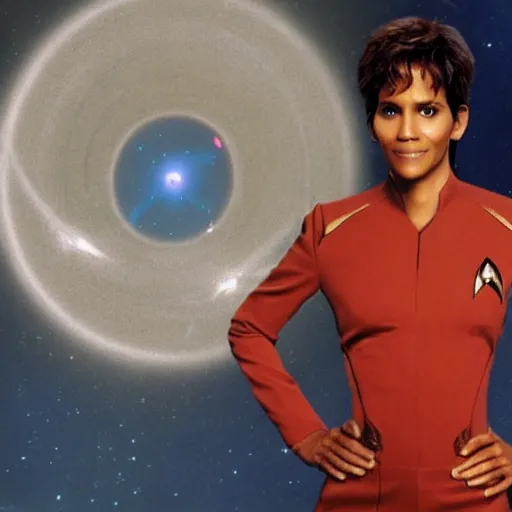 Image similar to a beautiful full body photograph of halle berry as a star fleet officer from star trek next generation, symmetrical face, extreme realism and detail, 8 k, completely framed, direct lighting, 3 5 mm photo, photorealistic, sharp focus