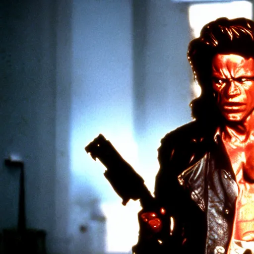 Prompt: Film still of Carl Marx as the terminator in terminator 2